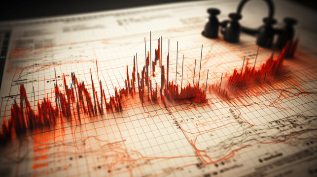 Seismograph and earthquake. The seismograph shows a projection of the seismic activity record of a strong earthquake. Technology concept, seismology.