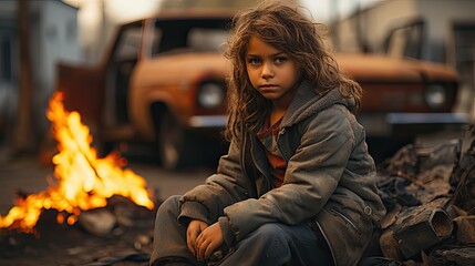Poor girl in the street of a destroyed city