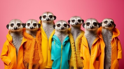 Creative animal concept. Meerkat in a group, vibrant bright fashionable outfits isolated on solid background advertisement, copy text space. birthday party invite invitation banner - obrazy, fototapety, plakaty