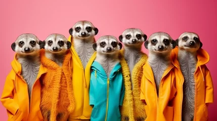 Foto op Aluminium Creative animal concept. Meerkat in a group, vibrant bright fashionable outfits isolated on solid background advertisement, copy text space. birthday party invite invitation banner © Muhammad