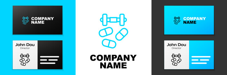 Blue line Sports doping, anabolic drugs with dumbbell icon isolated on white background. Anabolic steroids tablet. Pills in jar. Logo design template element. Vector