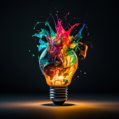 Creative light bulb explodes with colorful paint and splashes on a black background. Think differently creative idea concept - obrazy, fototapety, plakaty