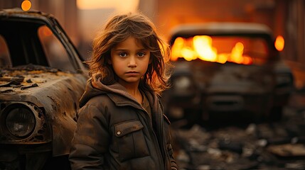 Poor girl in the street of a destroyed city