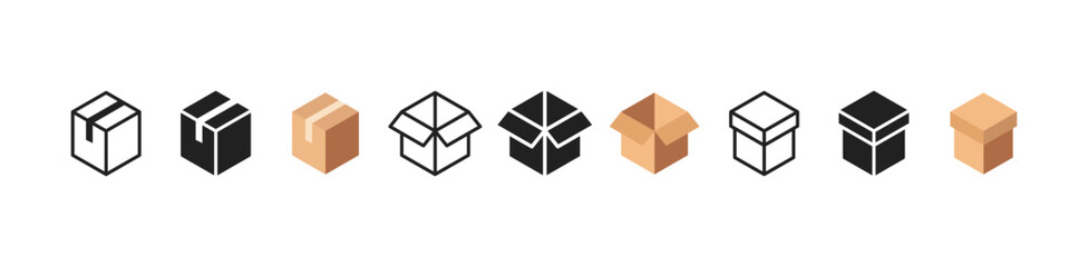 Box icon set. Black, line and flat design. Vector EPS 10