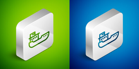 Isometric line Cargo ship icon isolated on green and blue background. Silver square button. Vector