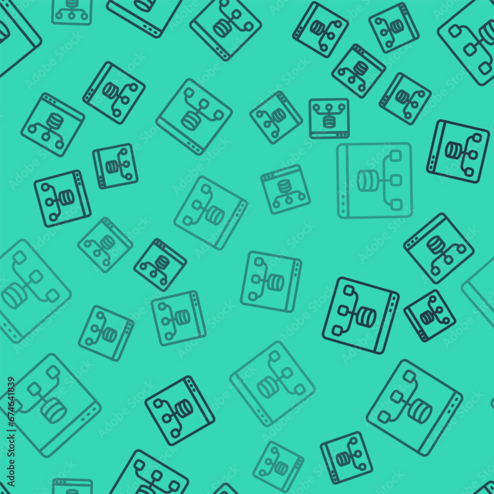 Poster black line server, data, web hosting icon isolated seamless pattern on green background. vector