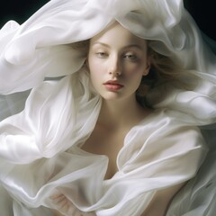 photo of a beautiful stylish woman in intriguing abstract clothes on a light background. Style, beauty and fashion concept