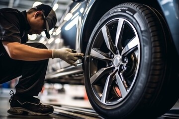 A mechanic changing tires in an automotive service center