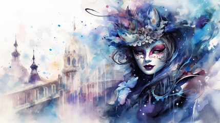 A woman's face in a mask. Watercolor illustration. The Carnival of Venice