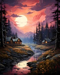 Digital painting of a small village in the mountains at sunset with a river