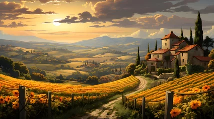 Foto op Plexiglas Panoramic view of the Tuscan countryside with sunflowers © Iman