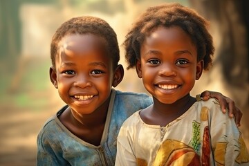 Two little African kids smiling at the camera on a sunny day in a rural village. Ai generative - obrazy, fototapety, plakaty