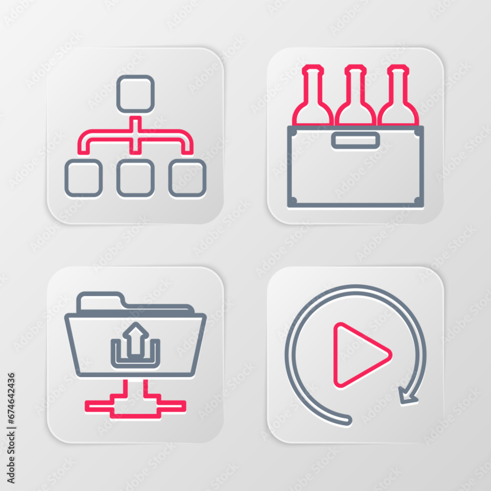 Poster set line video play button, ftp folder upload, bottles of wine in box and hierarchy organogram chart