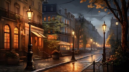 Naklejka premium Digital painting of a street in the old town at night, Paris, France