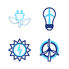 Set line Rotating wind turbine, Solar energy panel, Light bulb with and Electric saving plug leaf icon. Vector