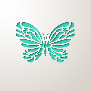 Elegant paper cut turquoise lacy butterfly. Laser cut wedding invitation or greeting card design template. Vector illustration