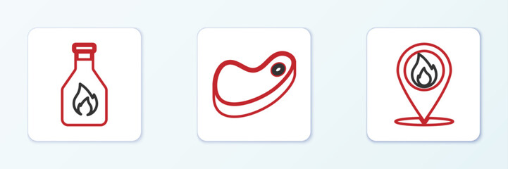 Set line Location with fire flame, Ketchup bottle and Steak meat icon. Vector