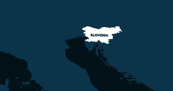 World Map Zoom In To Slovenia. Animation in 4K Video. White Slovenia Territory On Dark Blue World Map