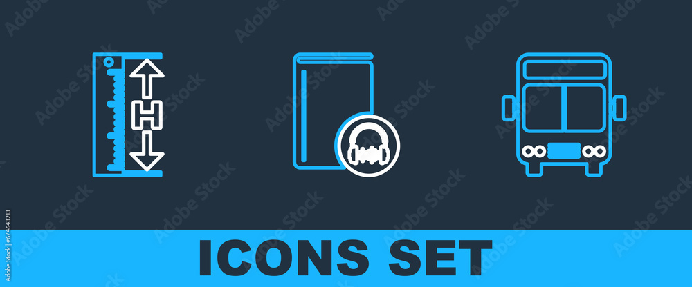 Poster set line bus, measuring height and length and audio book icon. vector