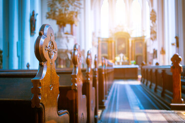 interior of a Catholic church with benches - 674643420