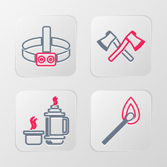 Set line Burning match with fire, Thermos container, Crossed wooden axe and Head flashlight icon. Vector