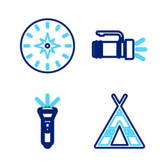 Set line Tourist tent, Flashlight, and Compass icon. Vector