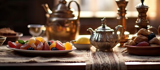 Fototapeta premium In Ramadan as part of Muslim culture a beautifully set table with a background of home is adorned with healthy and organic food including nutritious bread along with the aroma of coffee a be