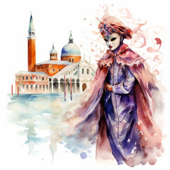Fototapeta premium A female figure in a carnival costume on the background of Venice. Watercolor illustration. The Carnival of Venice