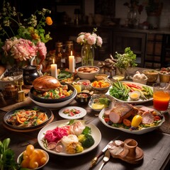 Lovely Easter table spread with delicious food