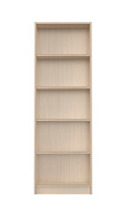 Front view of tall wooden bookcase on transparent background