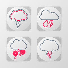Set line Storm, Cloud with snow and rain, lightning and icon. Vector