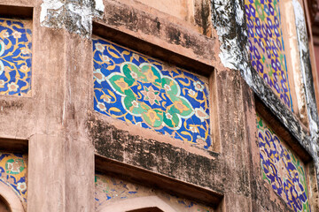 Ancient mosaic wall decoration of Agra Red Fort, beautiful colorful decorative mosaic on Red Fort