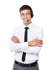 Call center, man and portrait with arms crossed for customer service, CRM questions or IT support in studio on white background. Happy telemarketing salesman, consultant or microphone for telecom FAQ