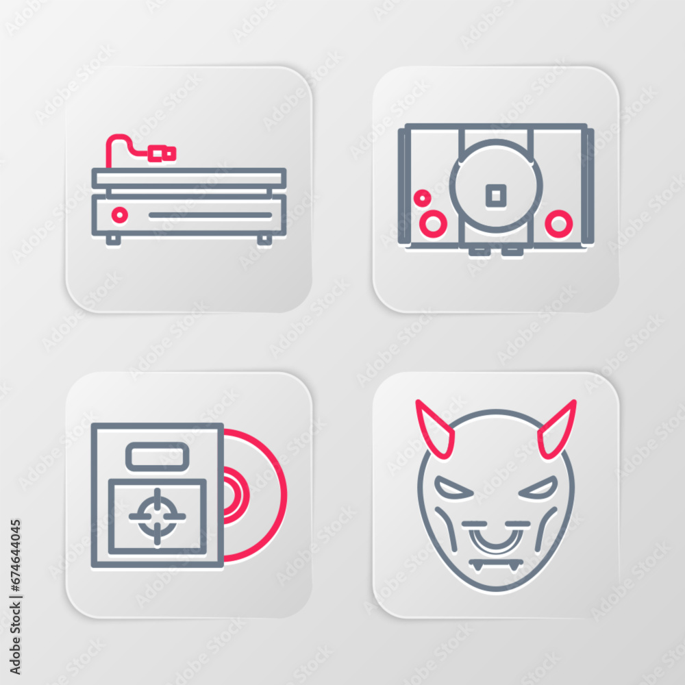 Poster set line mask of the devil with horns, cd dvd disk in box, video game console and icon. vector