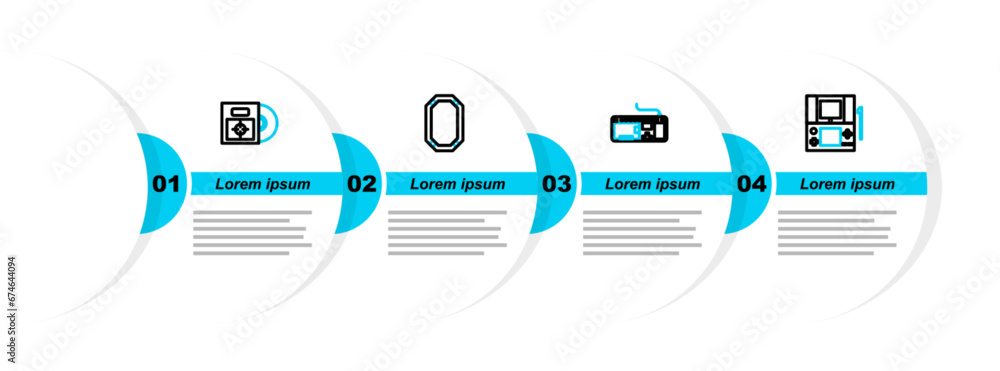 Poster set line portable video game console, computer keyboard, poker and cd dvd disk in box icon. vector