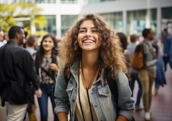 Obraz premium Positivity beautiful girl smiling at camera, standing on corridor with notes as backpack, going to lesson. Happy brunette female student studying in luxury university.