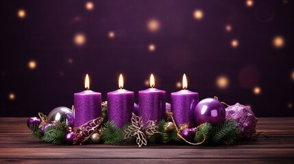 Obraz na płótnie Canvas Advent Wreath with Burning Purple Candles, Symbolic Christmas Decor and Ceremony