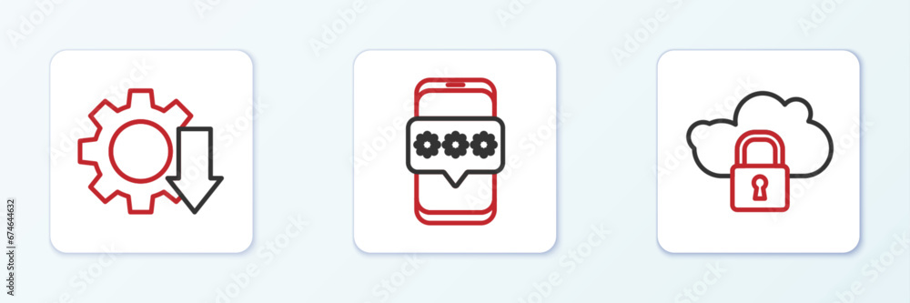 Poster set line cloud computing lock, cost reduction and mobile and password icon. vector