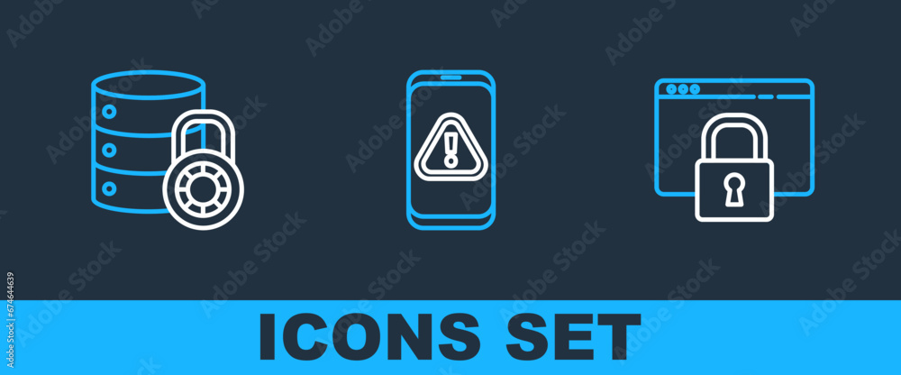 Poster set line secure your site with https, ssl, server security lock and mobile exclamation mark icon. ve
