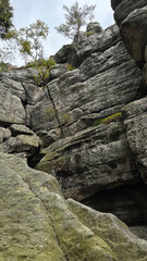 Autumn mountain landscape with large stones. Poland, Stolowe Mountains