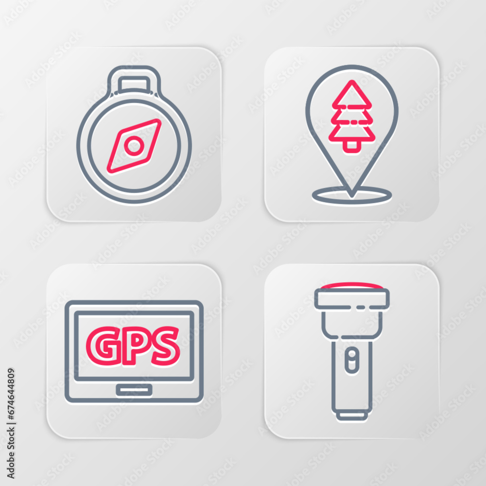 Poster set line flashlight, gps device with map, location of the forest and compass icon. vector