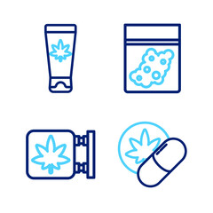Set line Herbal ecstasy tablets, Marijuana and cannabis store, Plastic bag of and Medical cream with marijuana icon. Vector