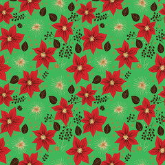 vector seamless abstract pattern with poinsettia flowers and flower branches and berries, mistletoe, Christmas flowers. A repeating background for decorating wrapping paper, fabric, stationery.