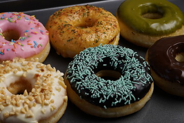 Donut with various flavor top view flat food photography