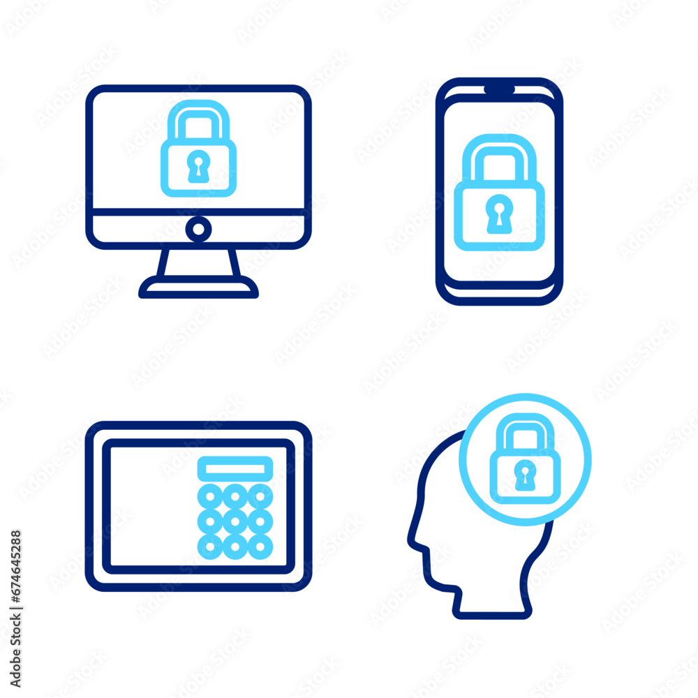 Poster set line human head with lock, safe, mobile closed padlock and lock on computer monitor icon. vector