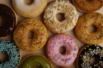 Donut with various flavor top view flat food photography