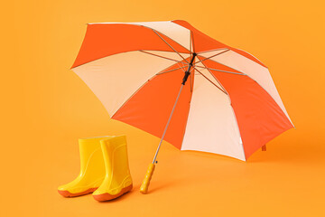 Colorful stylish umbrella and gumboots on orange background