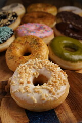Donut with various flavor top view flat food photography