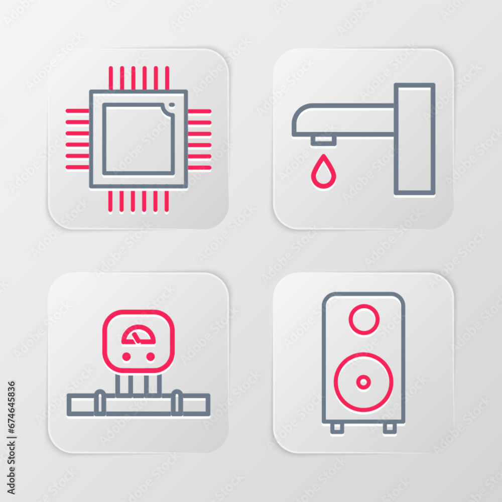 Poster set line stereo speaker, smart sensor, water tap and processor with microcircuits cpu icon. vector