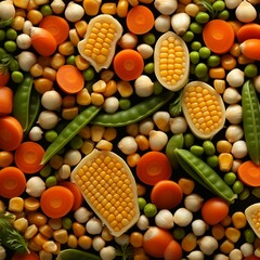 Seamless food background made of opened canned chickpeas, green sprouts, carrots, corn, peas, beans and mushrooms on black background